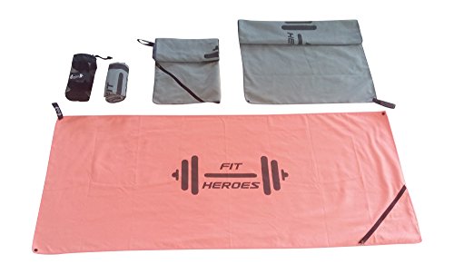 FIT HEROES Sport-Handtuch | Fitness-Handtuch mit Extra-Fach, Reißverschluss + Befestigung | Schnelltrocknend | enorm saugfähig | super leicht | sicher | 120 cm x 50 cm | Mikrofaser-Handtuch | Reise-Handtuch |